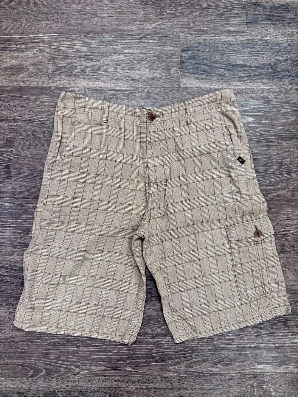 Vans Plaid Cargo Shorts Mens 36 Beige Brown Skate Casual Cotton